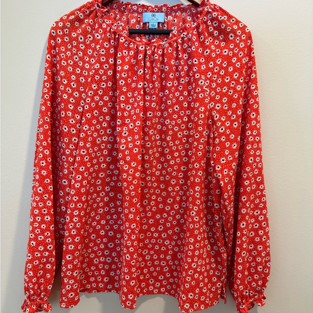 CeCe Red Daisy-Print Long Sleeve Blouse
